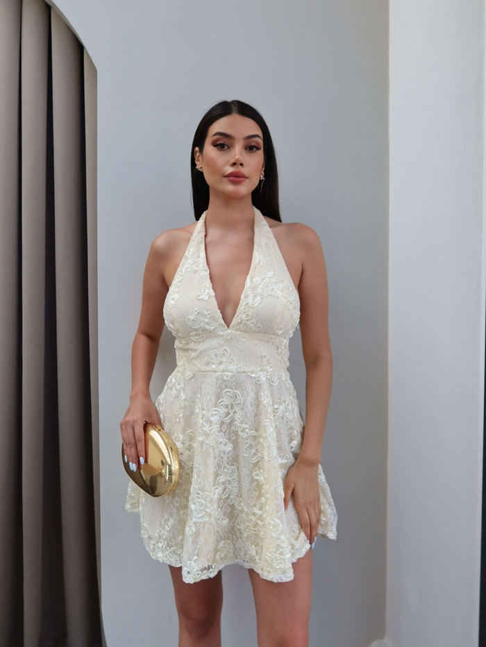 Boyun Bağlamalı Kabartmalı Mini Elbise