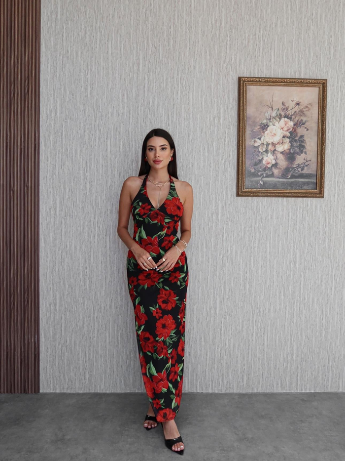 Boyundan Bağlı Çiçek Desen Uzun Elbise