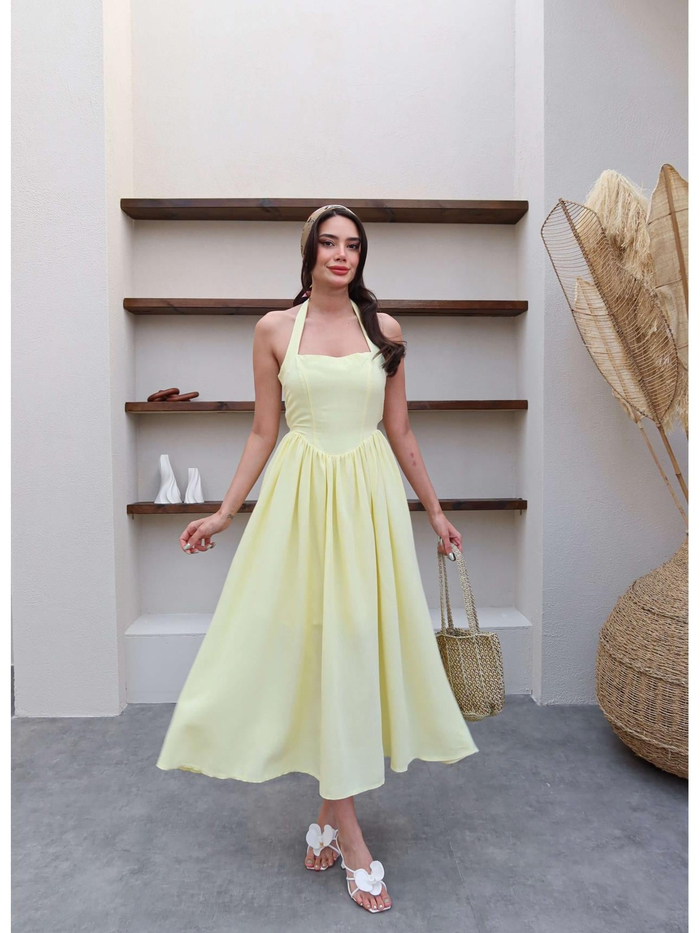 Boyundan Bağlı Keten Midi Elbise