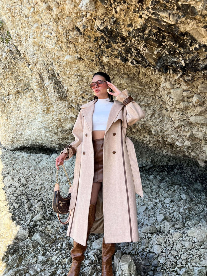 Cappucino Yün Leather Cuff Detay Kaşe Kaban