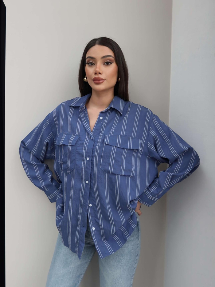 Cepli Çizgili Oversize Gömlek