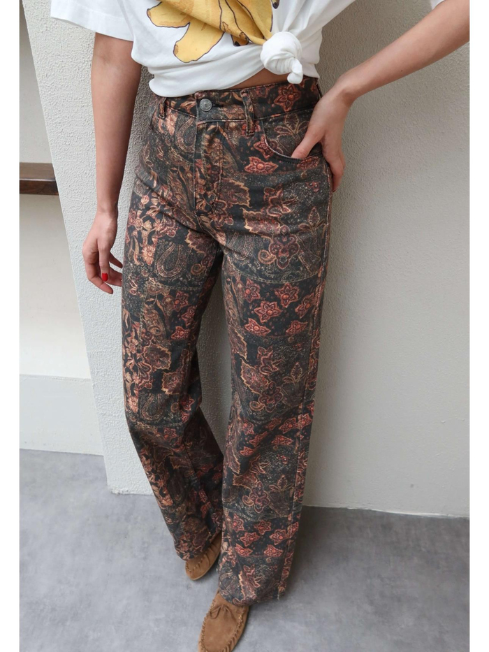 Çiçek Desen Yüksek Bel Denim Pantolon