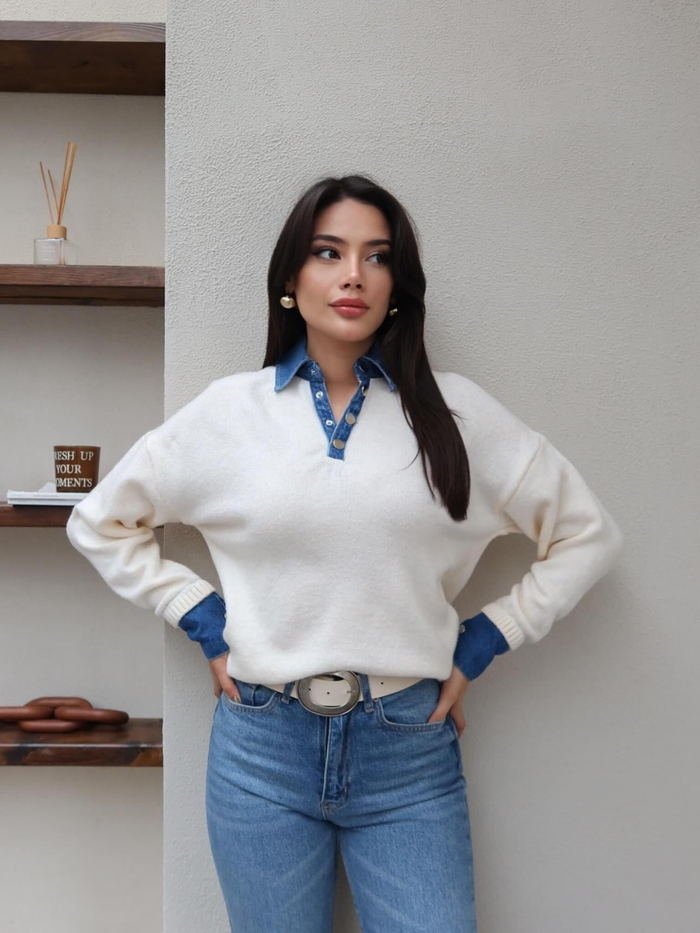 Çıtçıtlı Denim Detay Triko Kazak