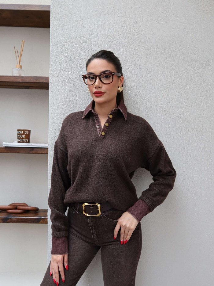 Çıtçıtlı Denim Detay Triko Kazak