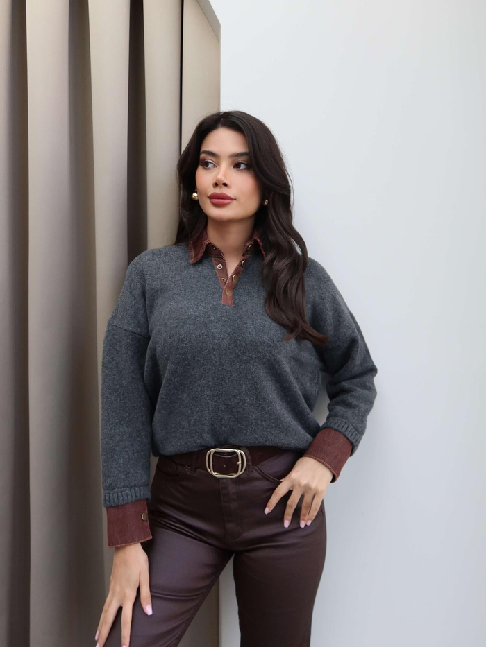 Çıtçıtlı Denim Detay Triko Kazak