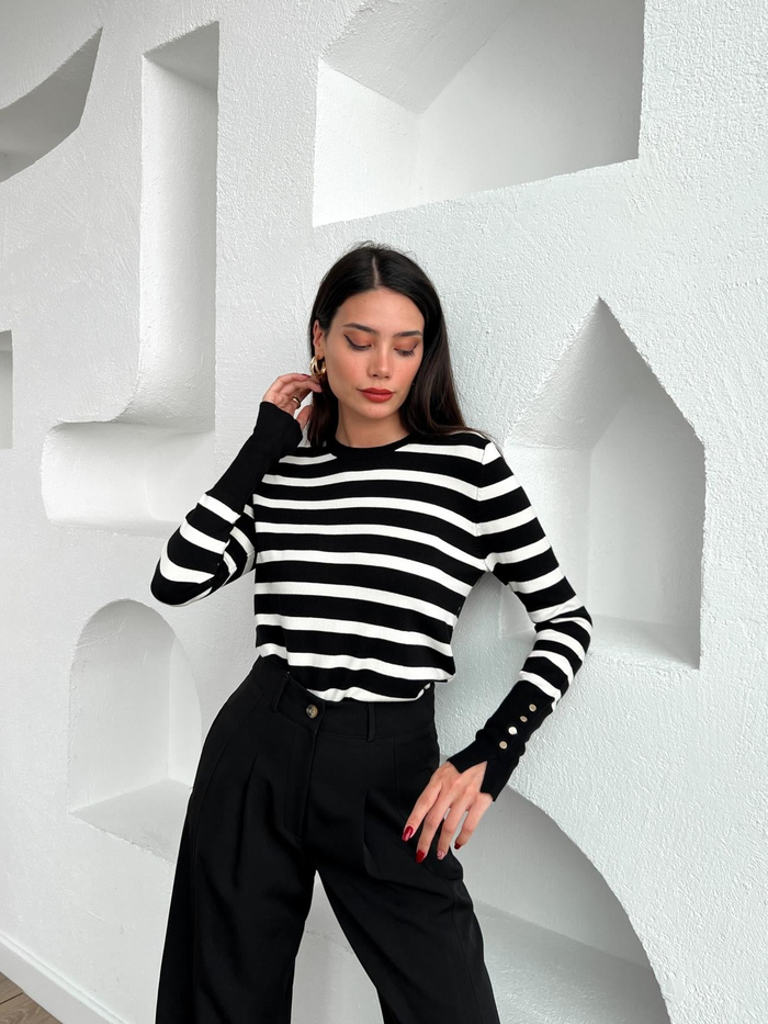 Çizgili Bisiklet Yaka KNIT Kazak