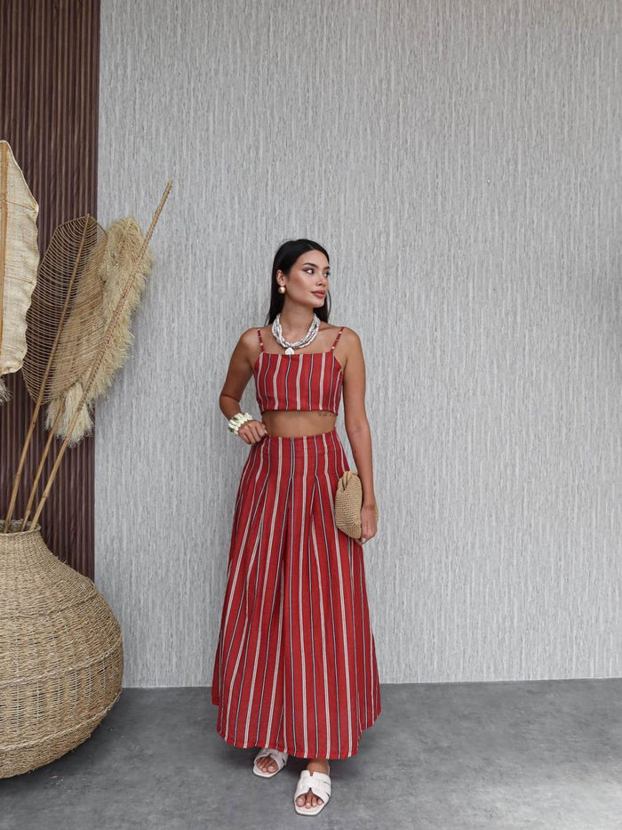 Çizgili Crop Etek Takım