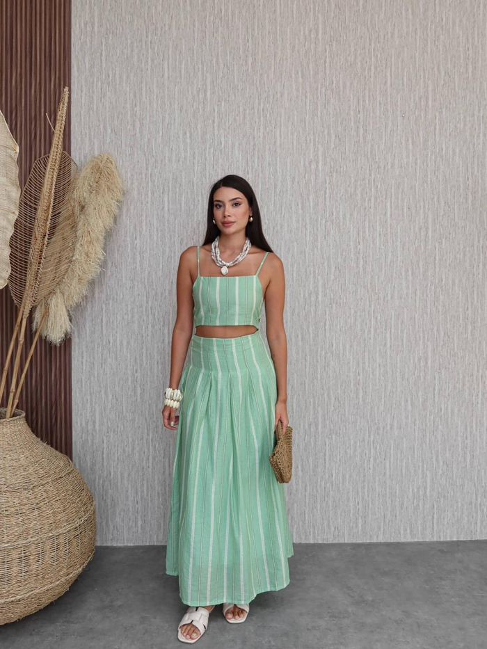 Çizgili Crop Etek Takım