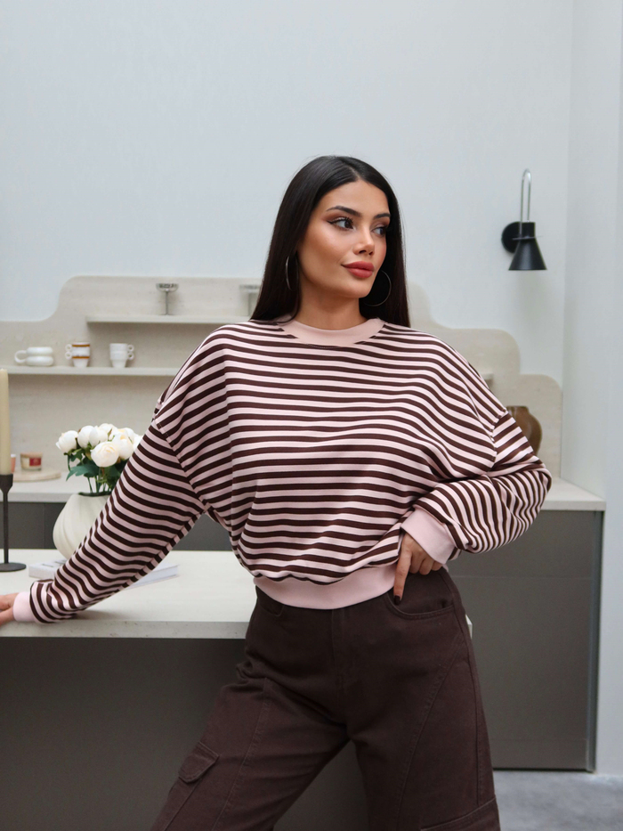 Çizgili Düşük Omuz Sweatshirt