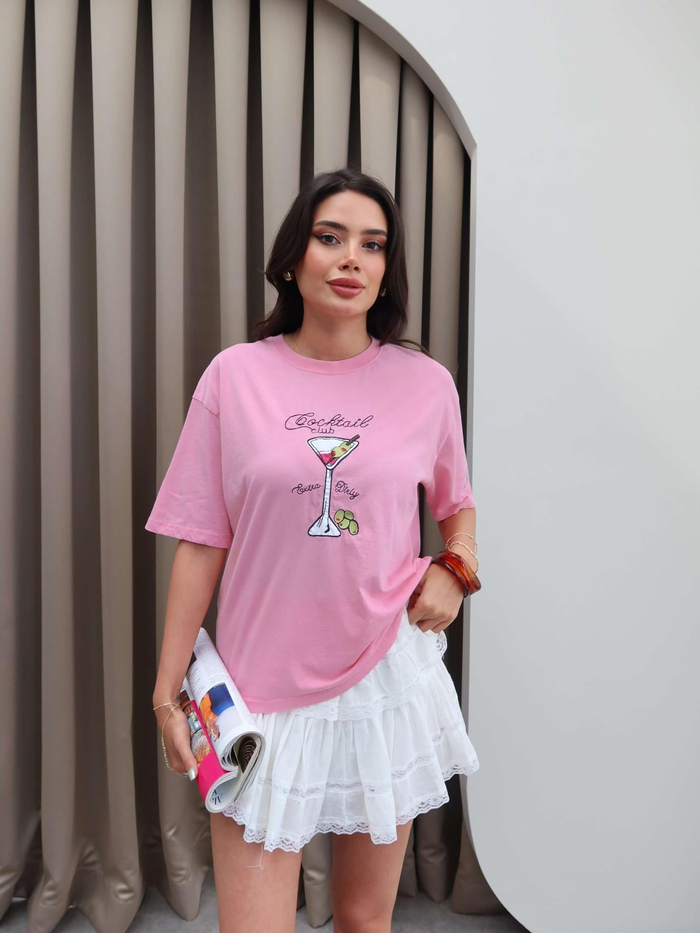 Cocktail Baskılı Oversize Tshirt