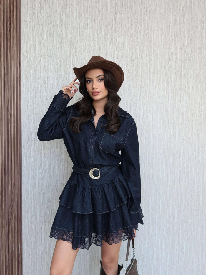 Dantel Detay Mini Denim Elbise