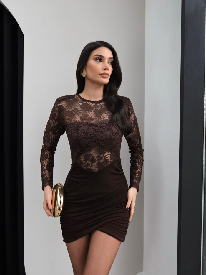 Dantel Drapeli Vatkalı Mini Elbise