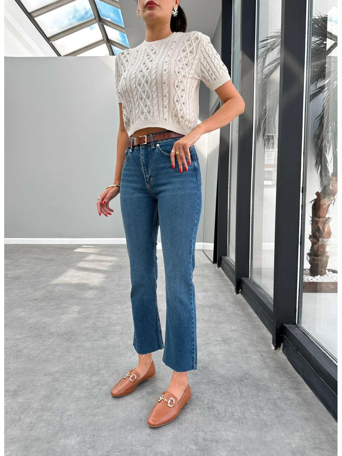 Dark Blue Paça Kesik Orj Jean