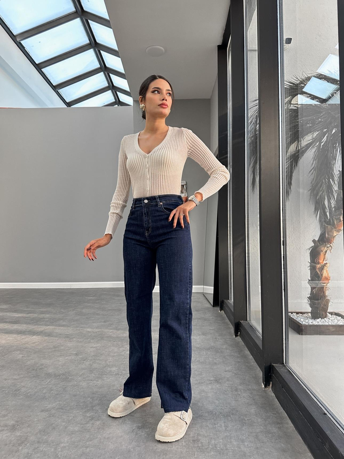 Darkblue Likralı Wide Leg Jean