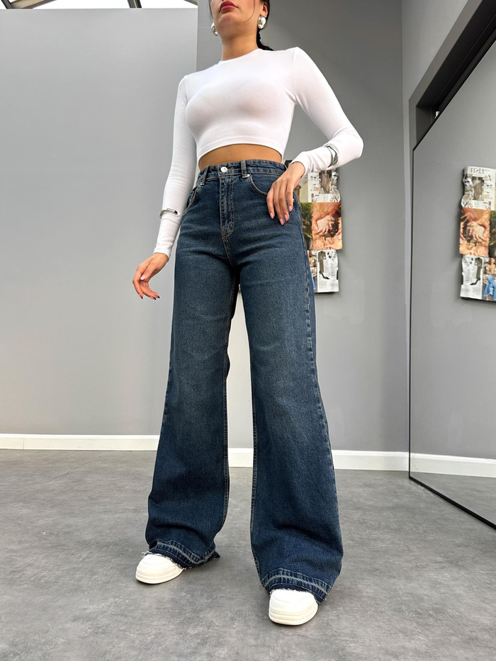 Darkblue Paça Püsküllü Wide Leg Jean