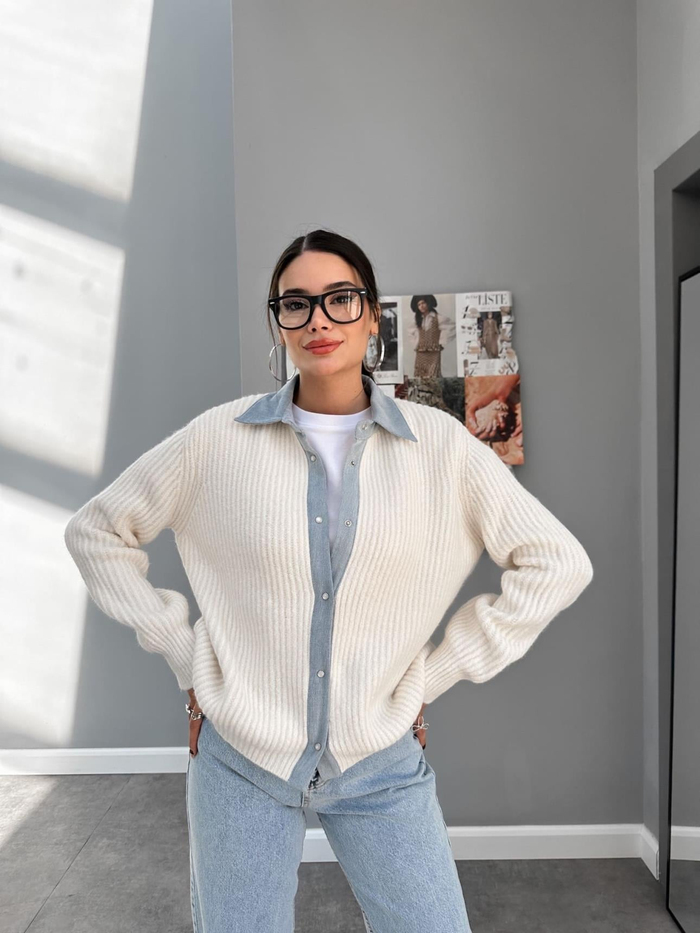 Denim Detay Çıtçıtlı Yün Kazak