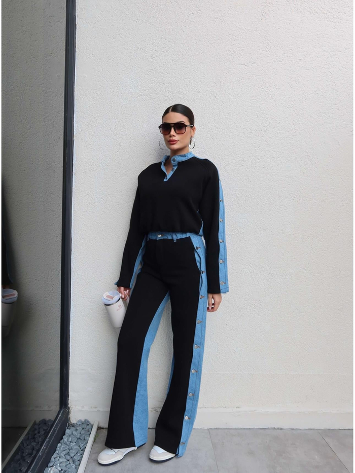 Denim Detaylı Şardonlu Eşofman Takım