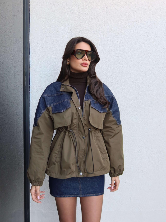 Denim Garnili Bel Büzgülü Mont