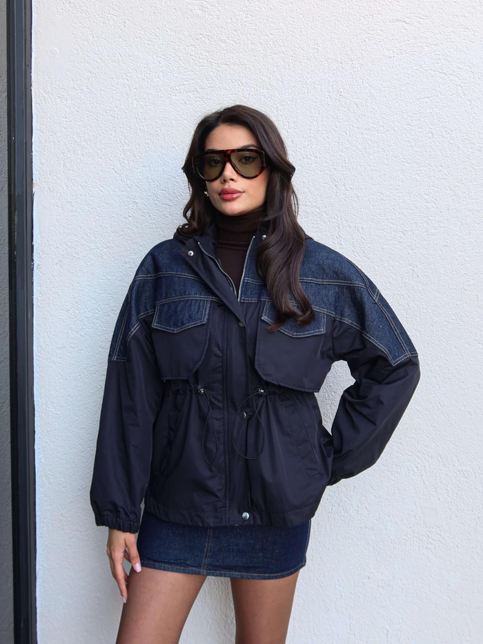 Denim Garnili Bel Büzgülü Mont