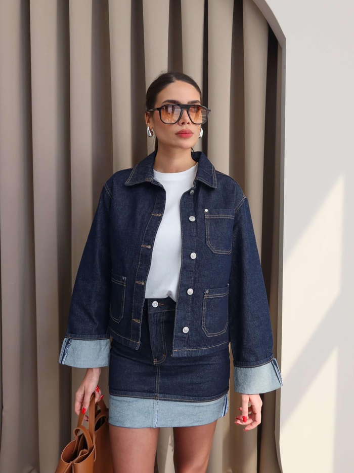 Denim Katlamalı Ceket Etek Takım