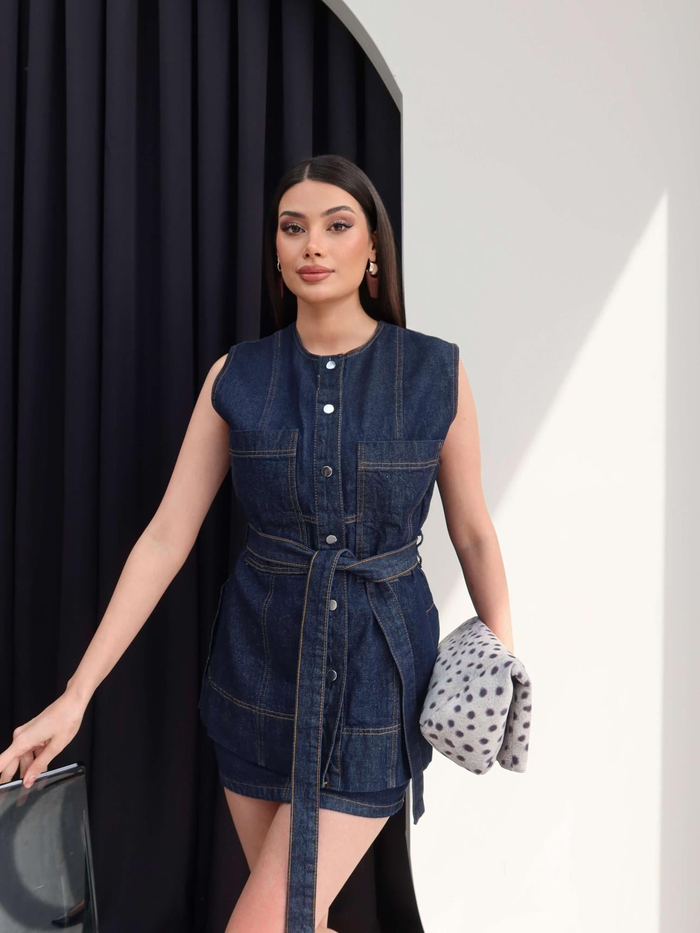 Denim Kuşaklı Yelek Etek Takım