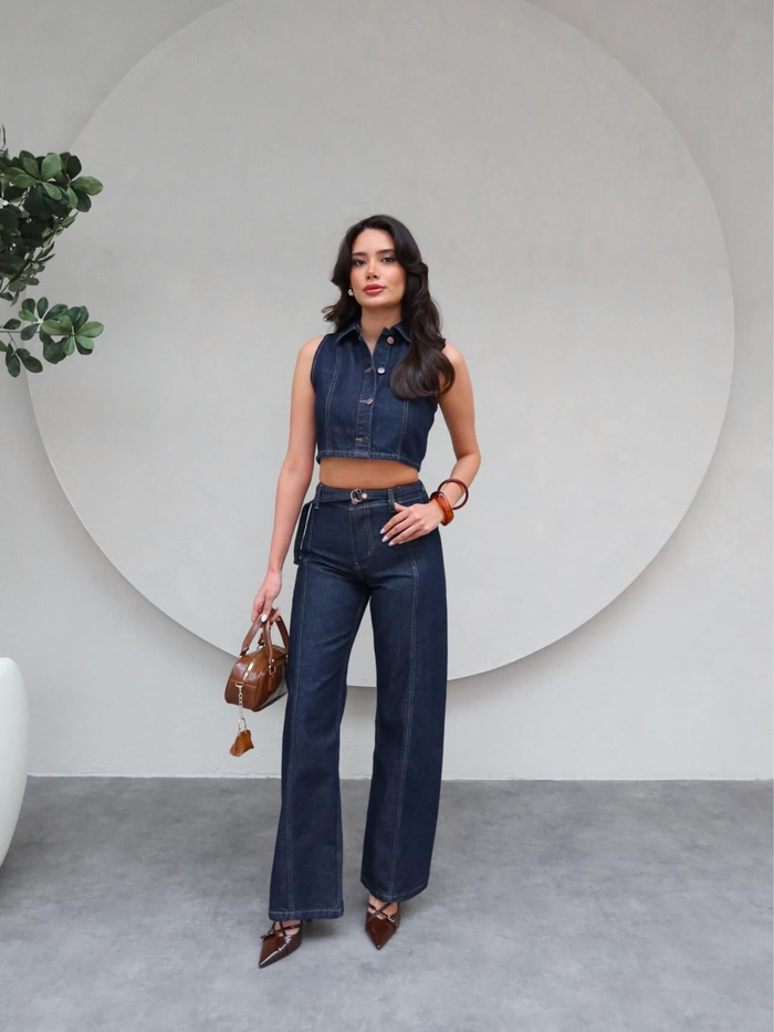 Denim Sıfır Kol Yelek Çimalı Pantolon Takım