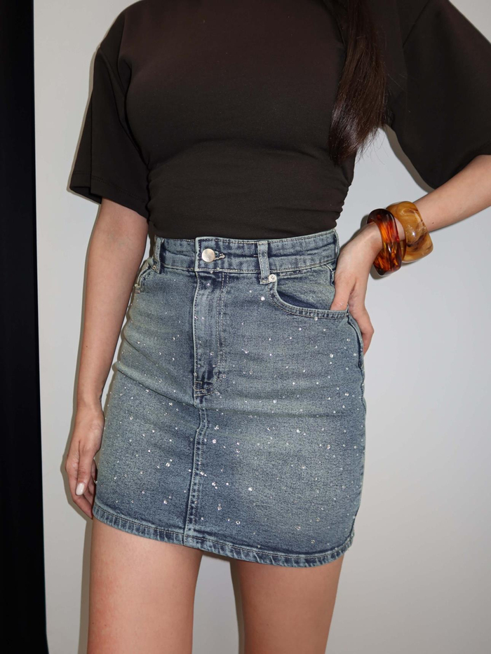 Denim Taşlı Mini Etek