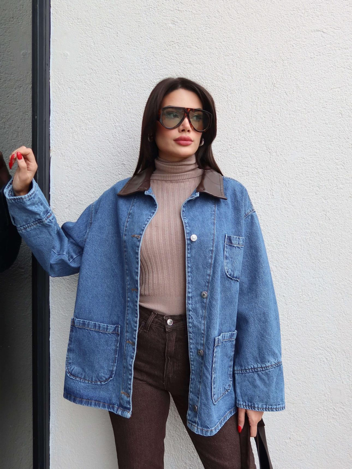 Deri Yaka Açık Cep Denim Ceket