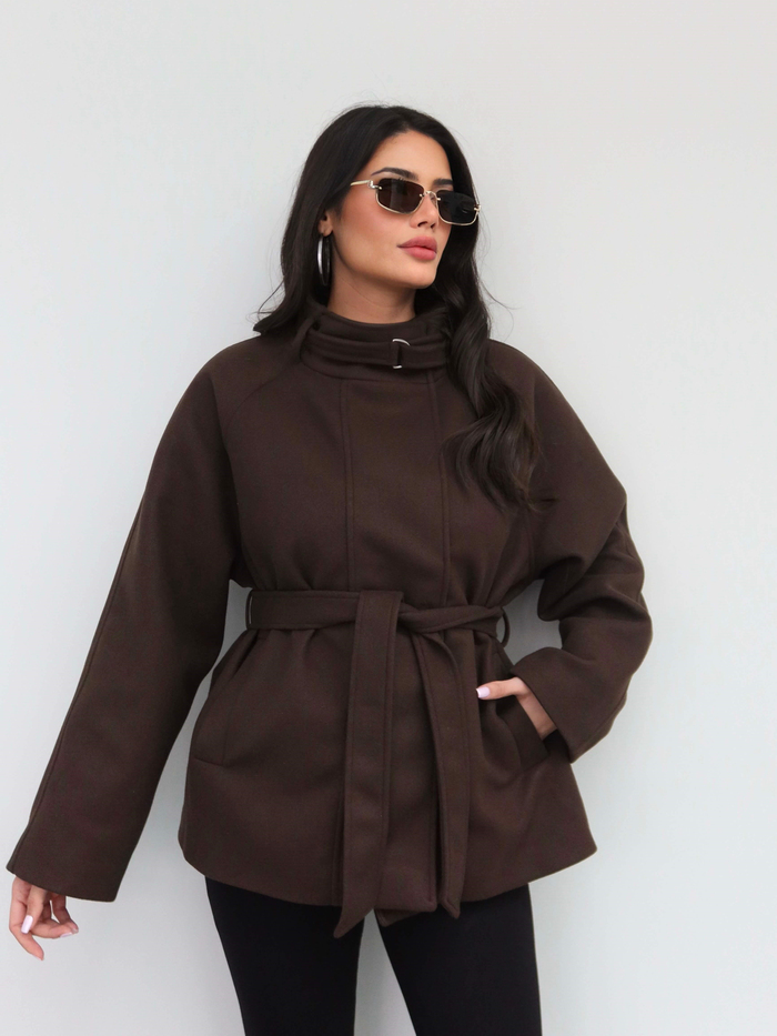 Dik Yaka Kemerli Oversize Kaşe Kaban