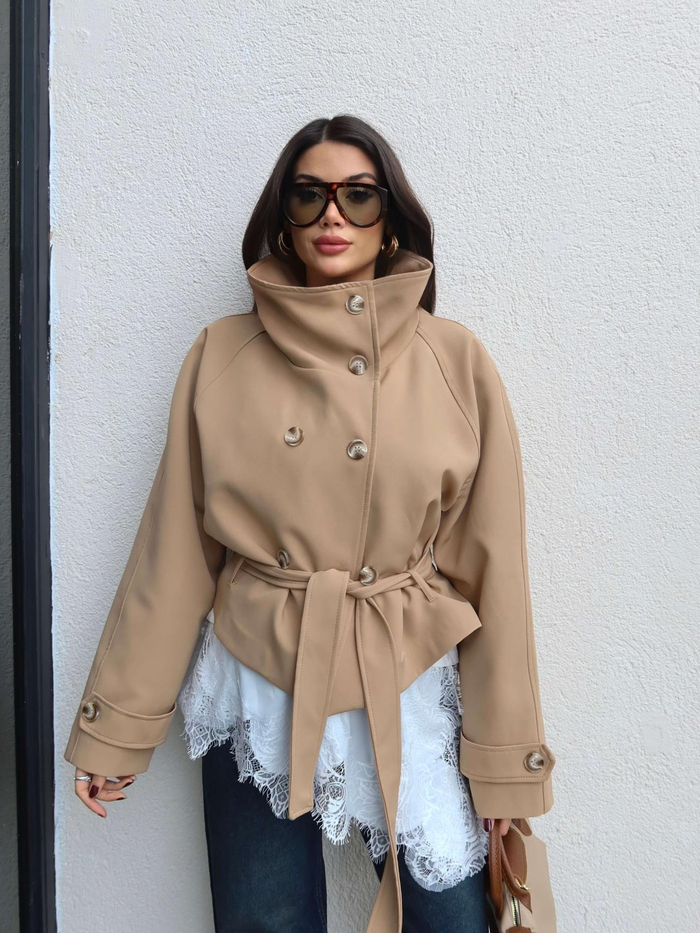 Dik Yaka Kuşaklı Kısa Trench