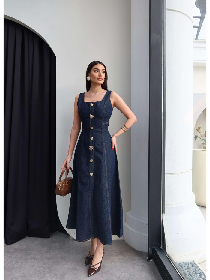 Düğme Detay Bel Bağlamalı Denim Elbise