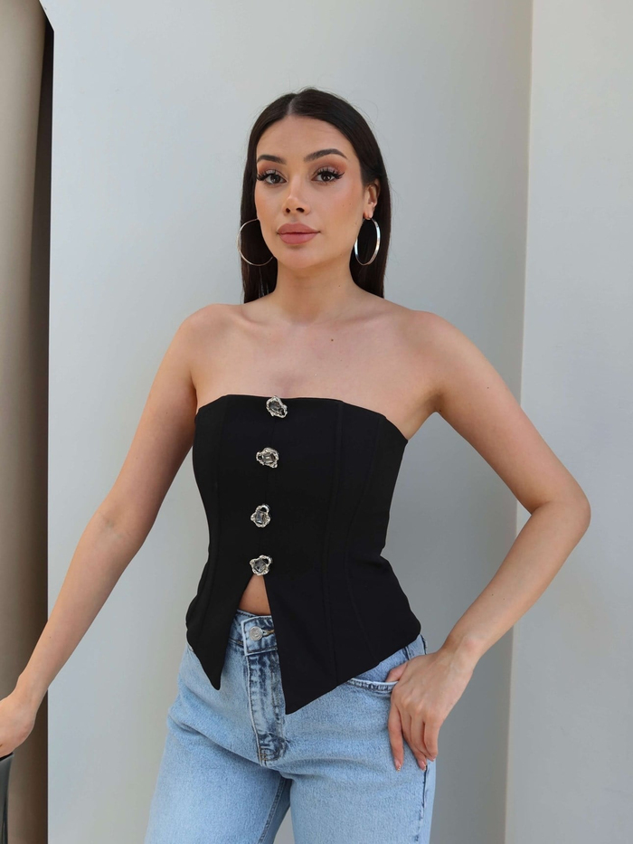 Düğme Detaylı Straplez Bluz