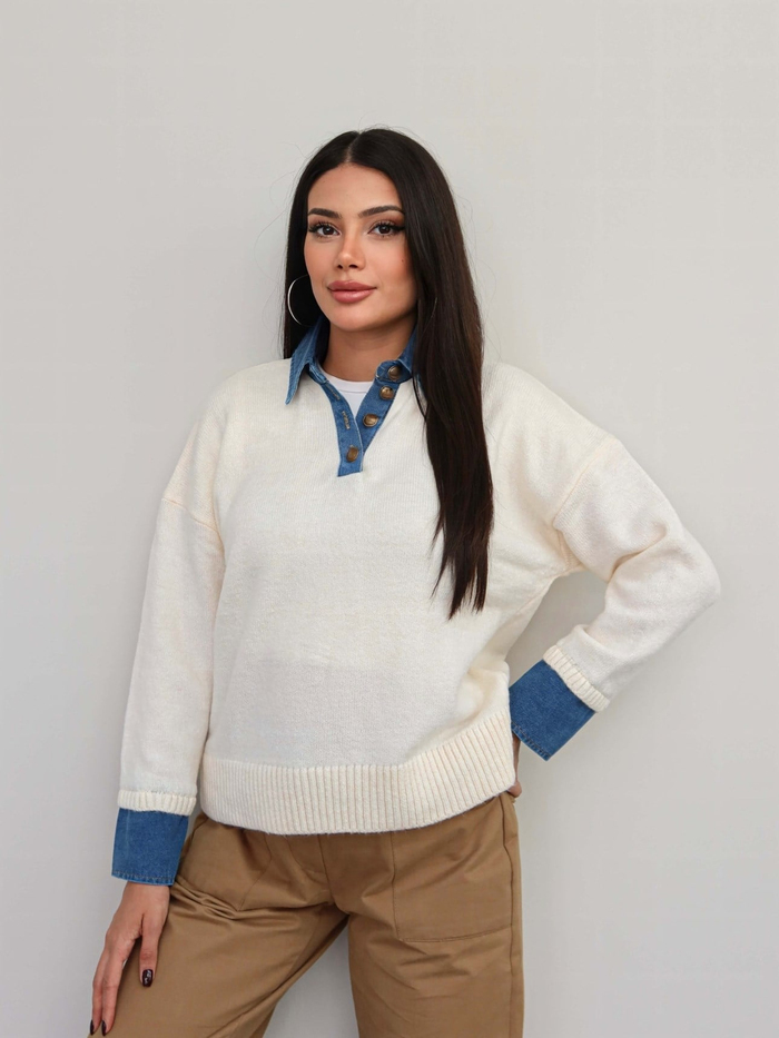 Düğmeli Denim Detay Triko Kazak