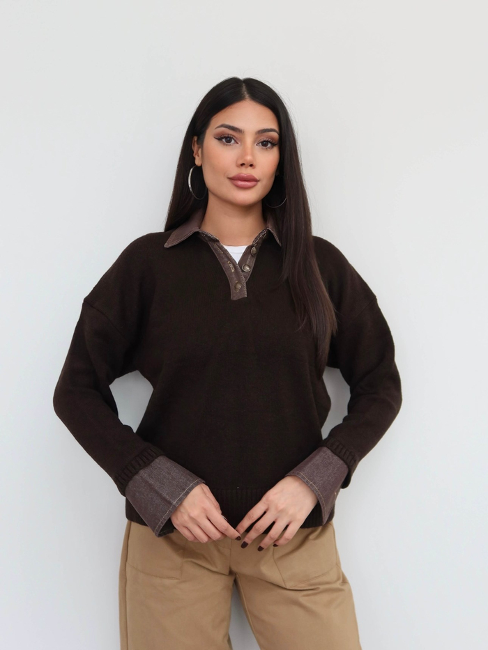 Düğmeli Denim Detay Triko Kazak