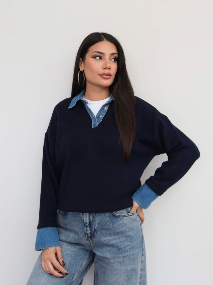 Düğmeli Denim Detay Triko Kazak