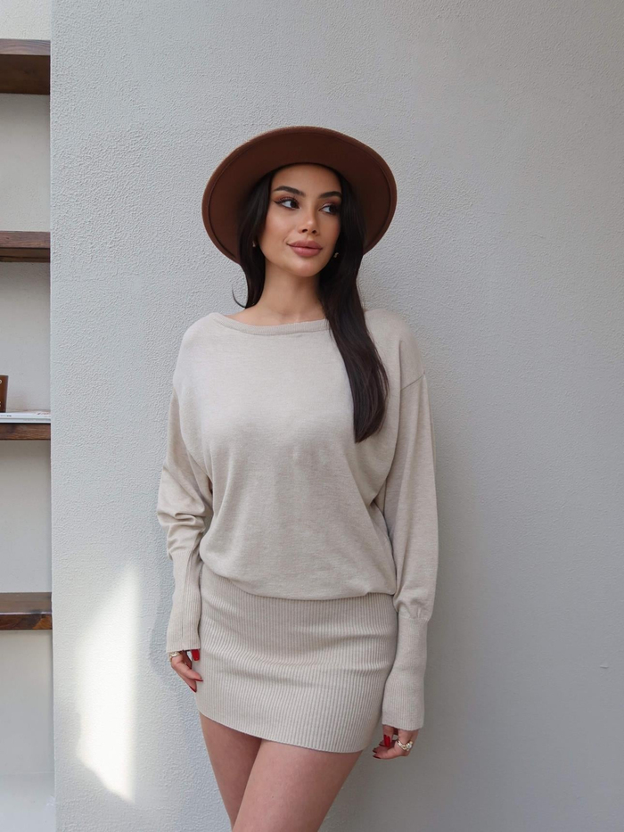 Düşük Omuz Mini Triko Elbise