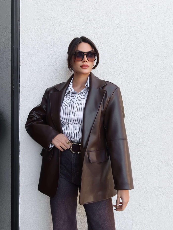Düz Kesim Deri Blazer Ceket