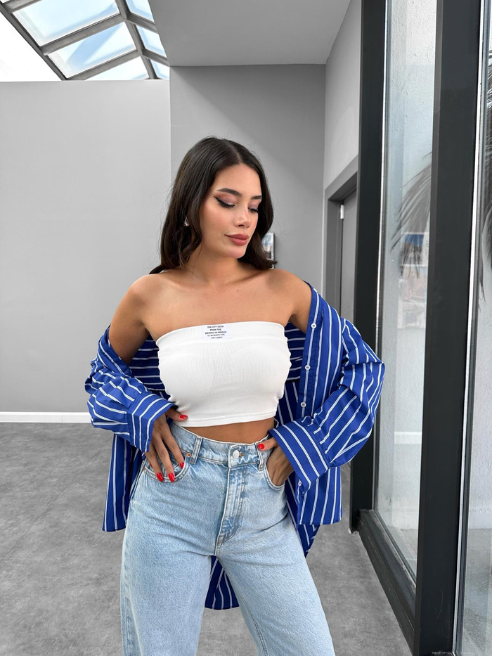 Ekru Straplez Kaplı Fitilli Crop