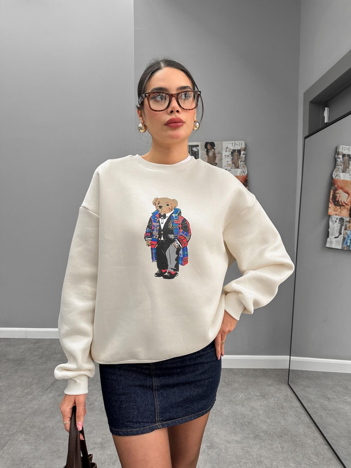 Ekru Teddy Bear Baskılı Sweat