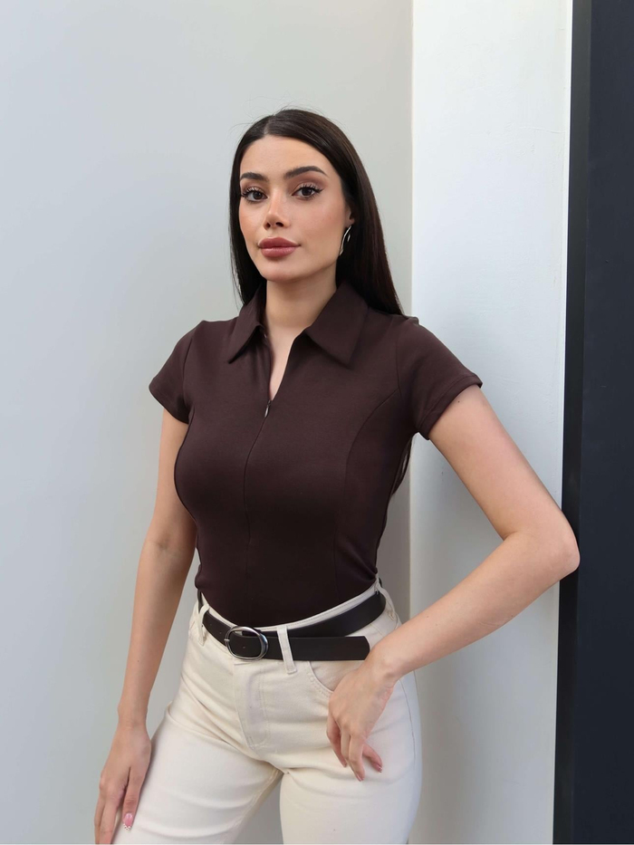 Fermuarlı Kısa Kol Body