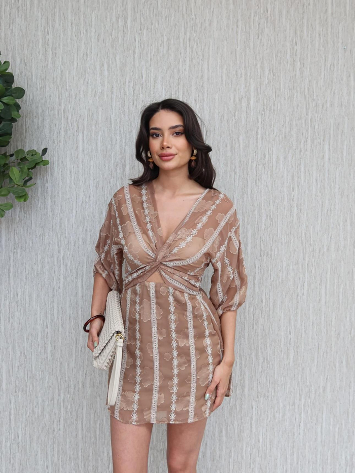 Fistolu Balon Kol Ön Düğümlü Elbise