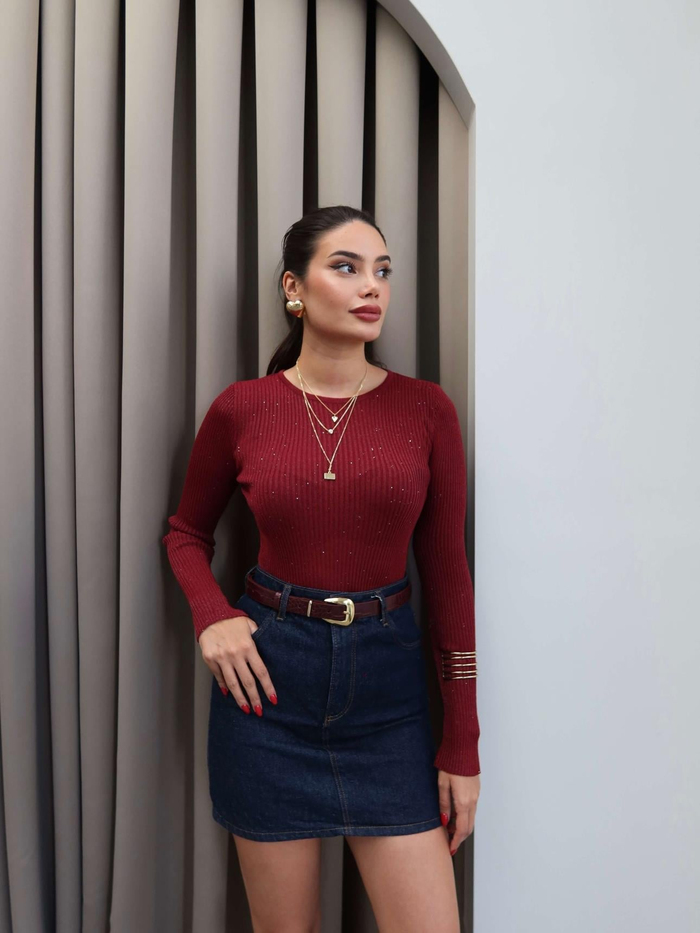 Fitilli Pul Dökümlü Uzun Kol Body