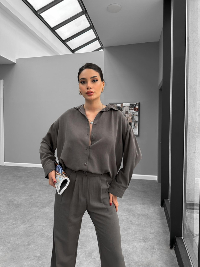 Füme Keten Gömlek Pantolon Takım