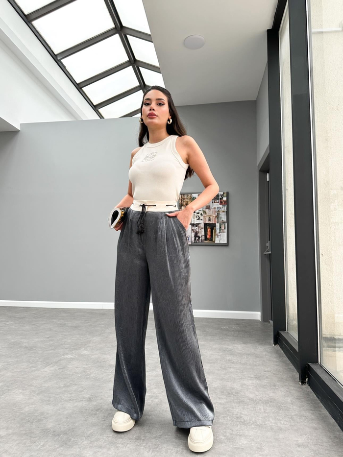 Füme Kontrast Belli Lastıklı Pantolon