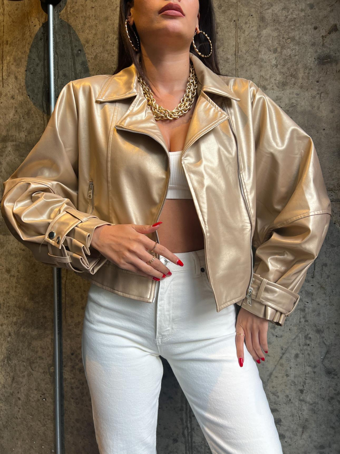 Gold Balloon Sleeve Deri Ceket