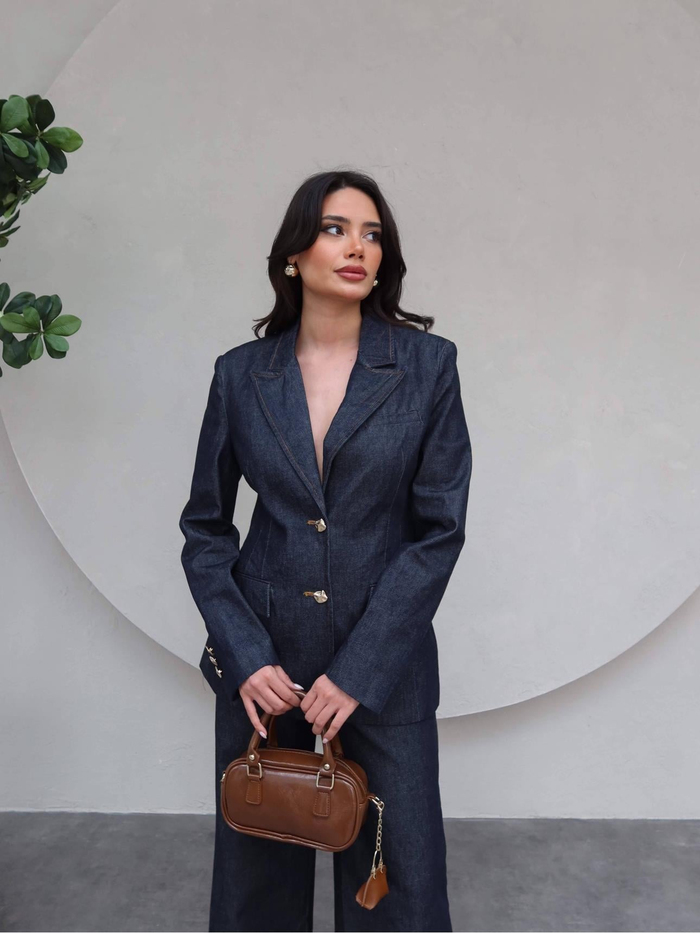 Gold Düğme Detaylı Denim Blazer Ceket