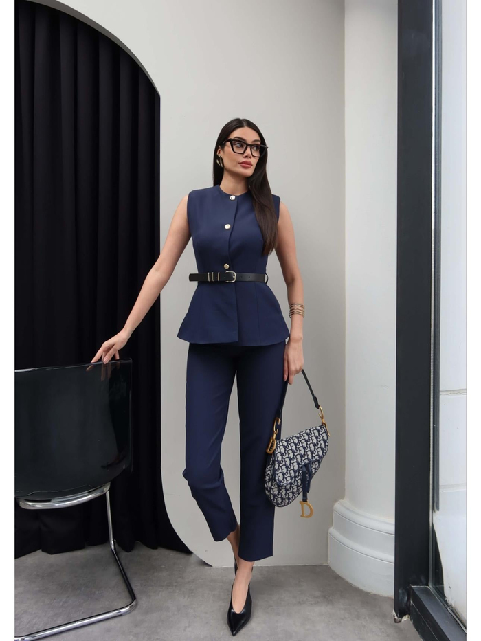 Gold Düğme Kemerli Yelek Takım