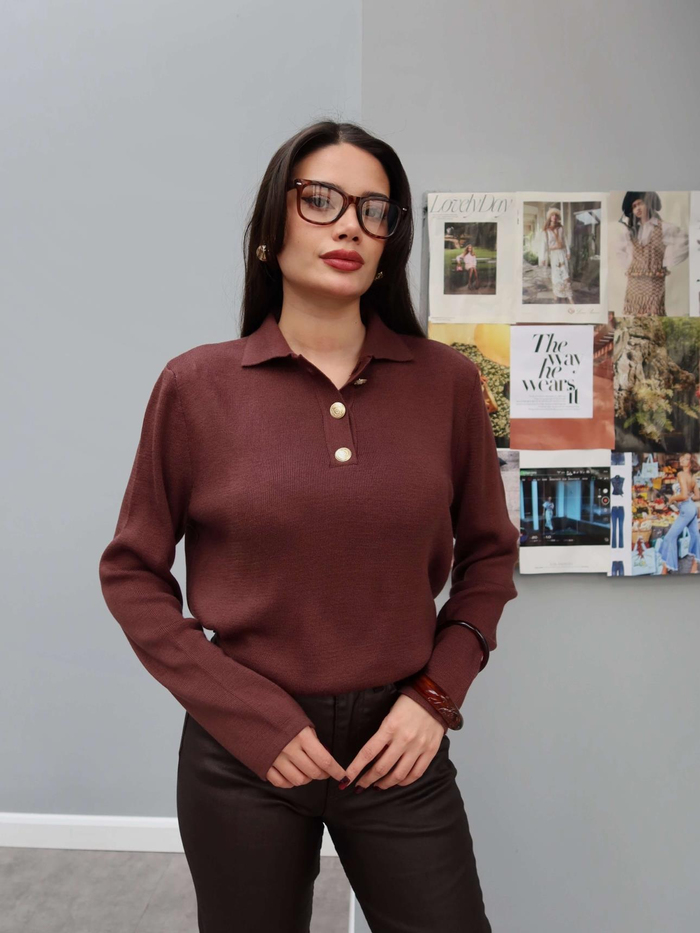 Gold Düğmeli Polo Yaka Kazak
