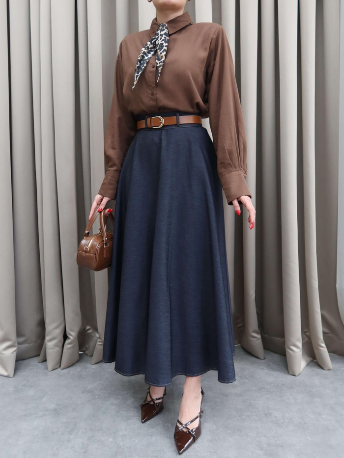 Gold Toka Kemerli Tencel Kot Midi Etek
