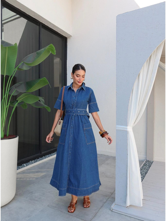 Gömlek Yaka Kemerli Cep Detay Denim Elbise